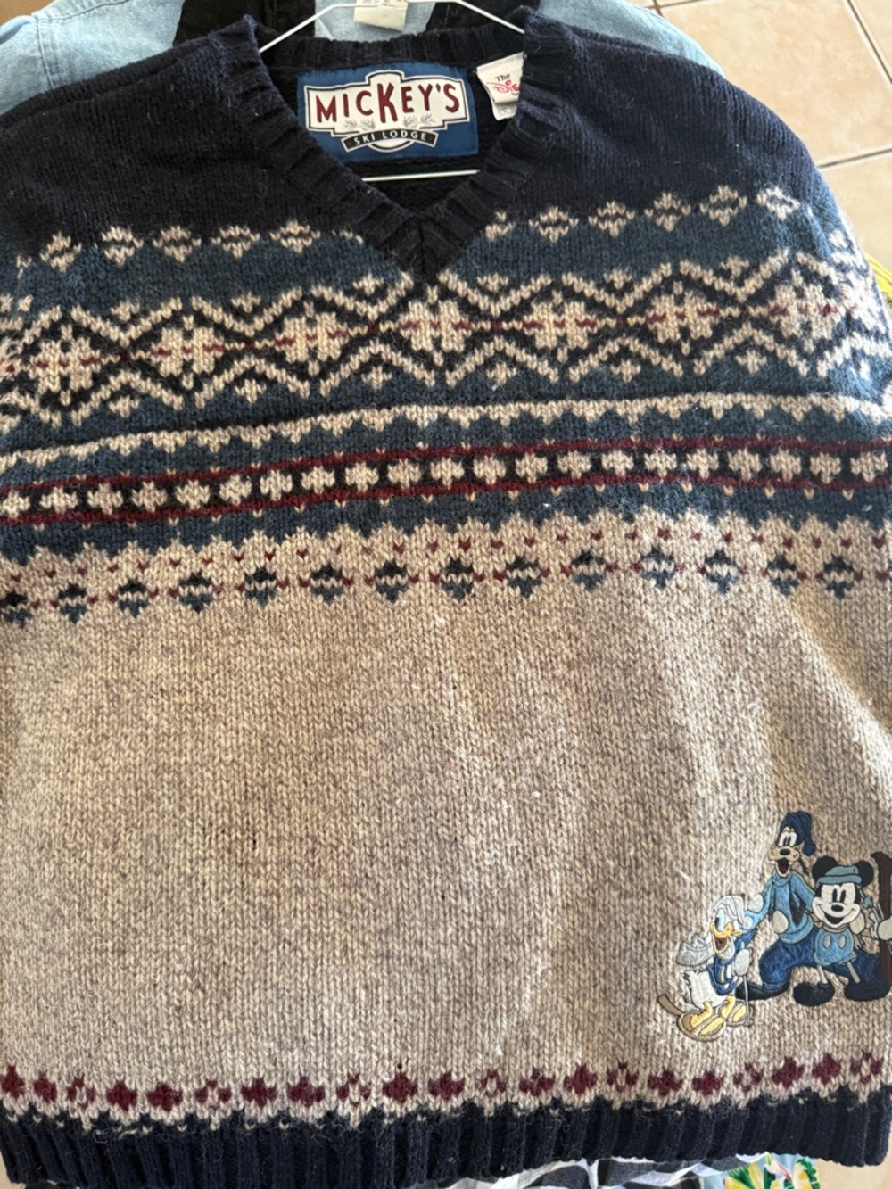 Disney Men's V-Neck Ski Lodge Sweater - Navy, Beige & Red